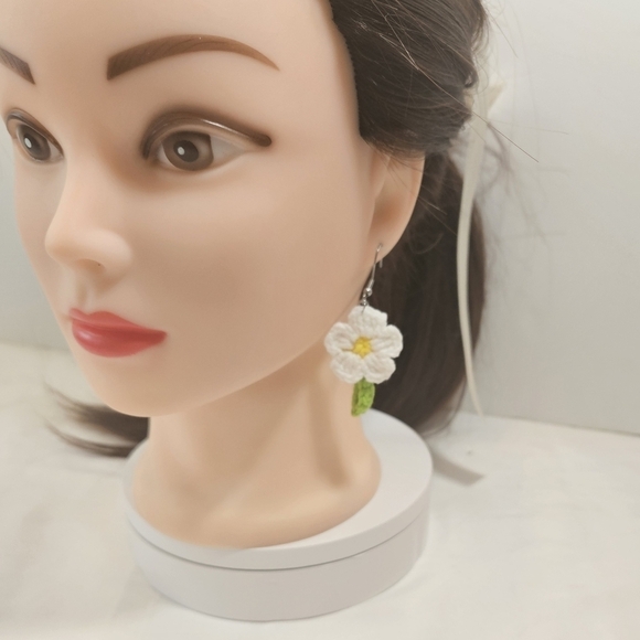 Hand Crafted Hand Knit Chrochet Dainty Daisy Dangling Earrings with fish hooks - Picture 8 of 17